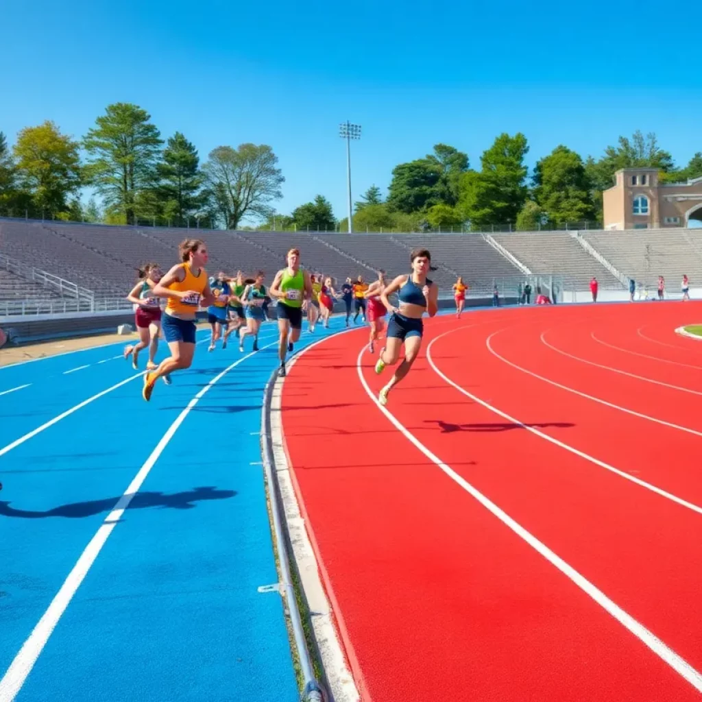 Athletes competing on a track field, showcasing speed and determination.