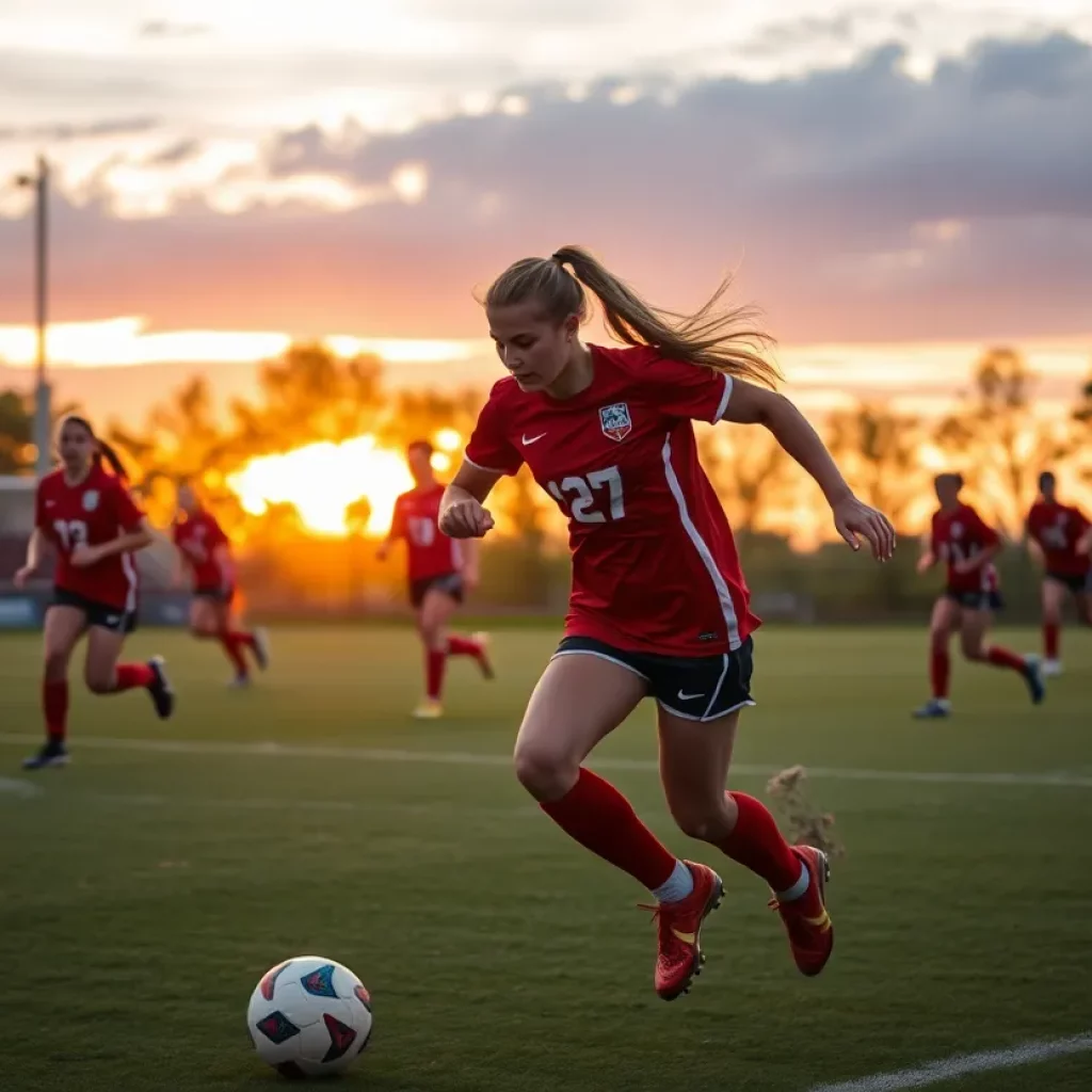 Girls soccer players in action during a match.