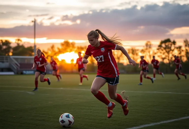 Girls soccer players in action during a match.