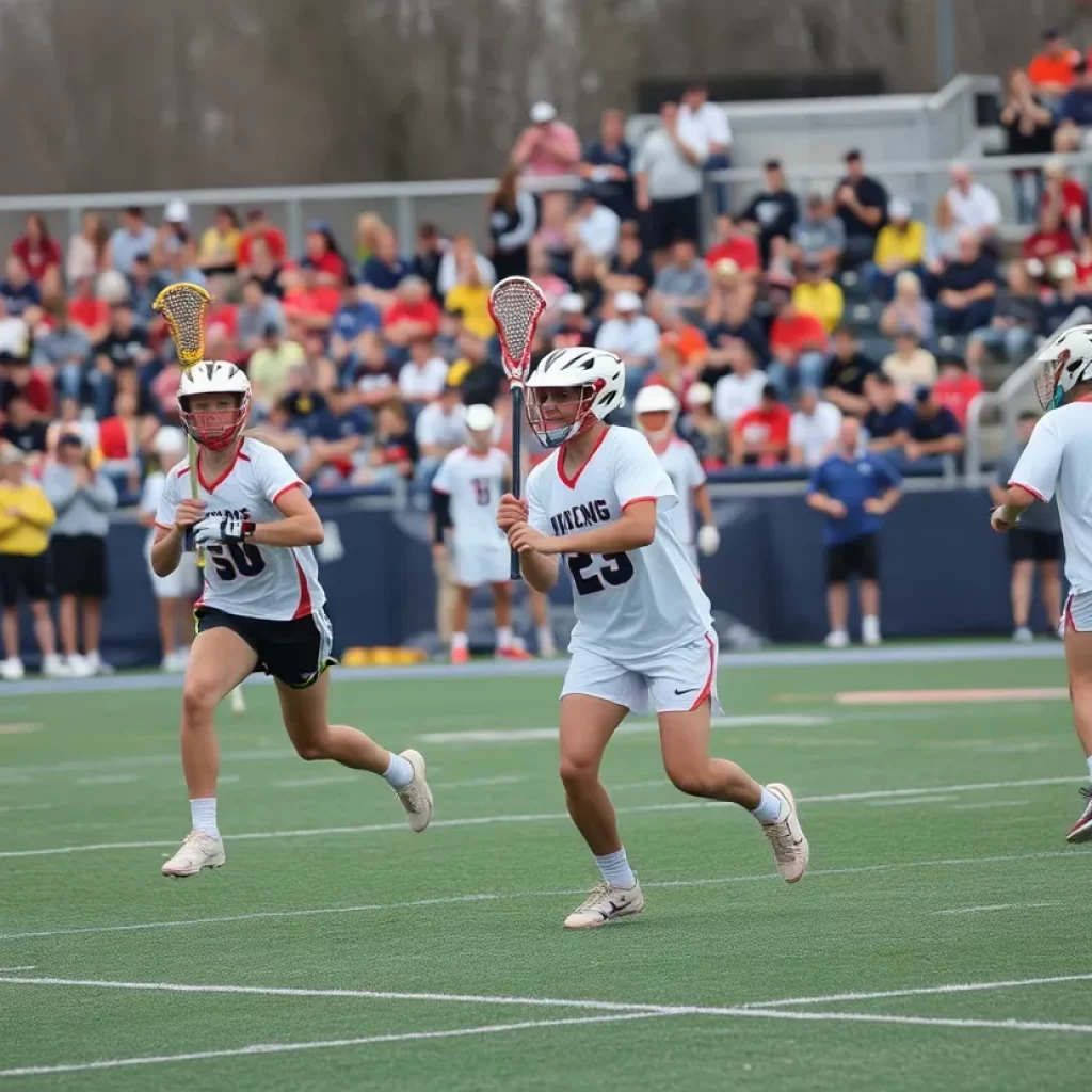 Action shot of a lacrosse game with players and fans
