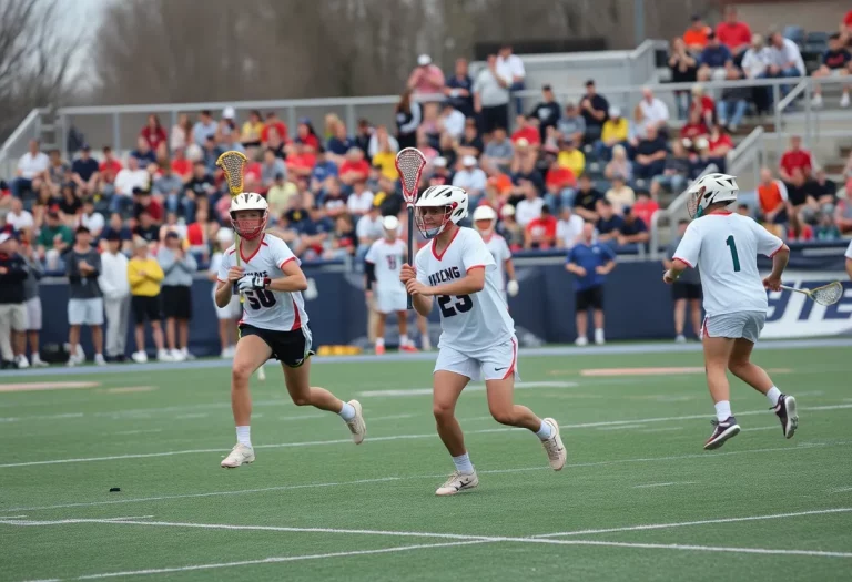 Action shot of a lacrosse game with players and fans