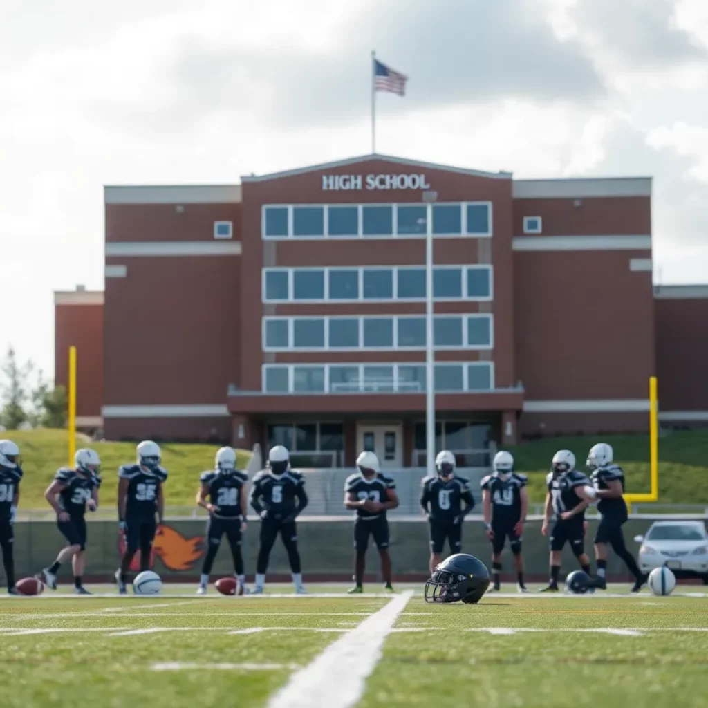 Football field at West High School with school building