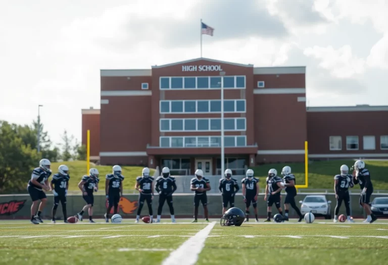 Football field at West High School with school building