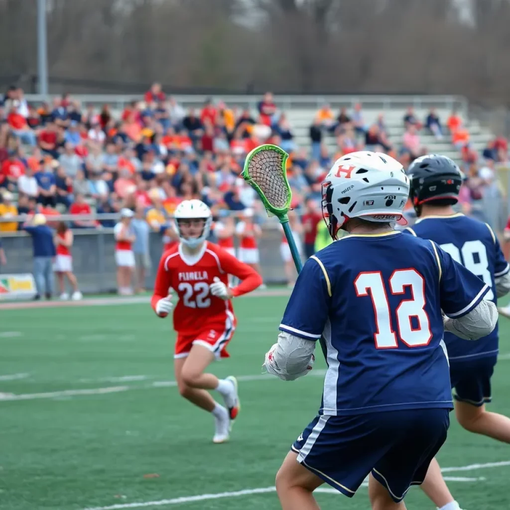 Westford Academy lacrosse team celebrating during a game