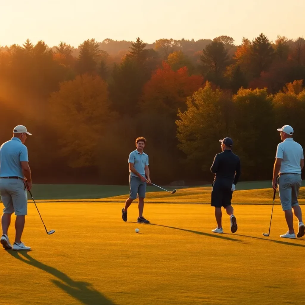 Golfers on a scenic course during an autumn tournament.