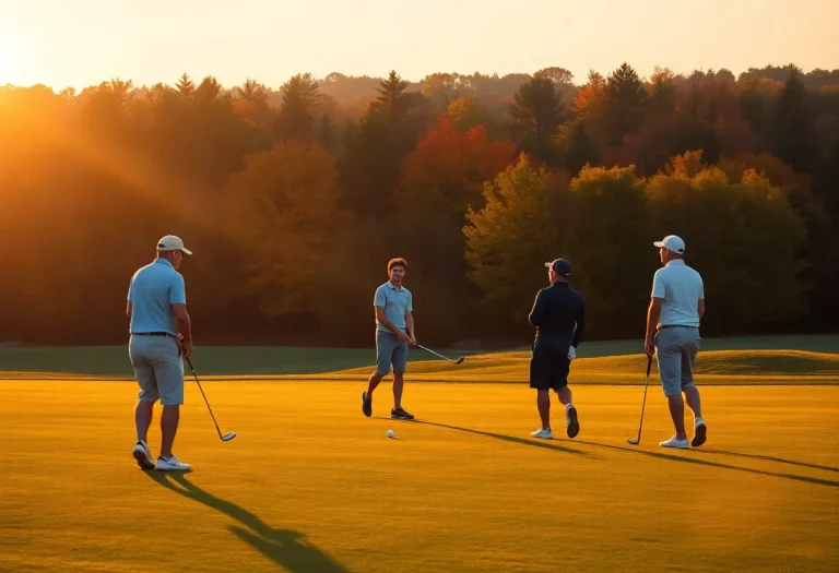 Golfers on a scenic course during an autumn tournament.