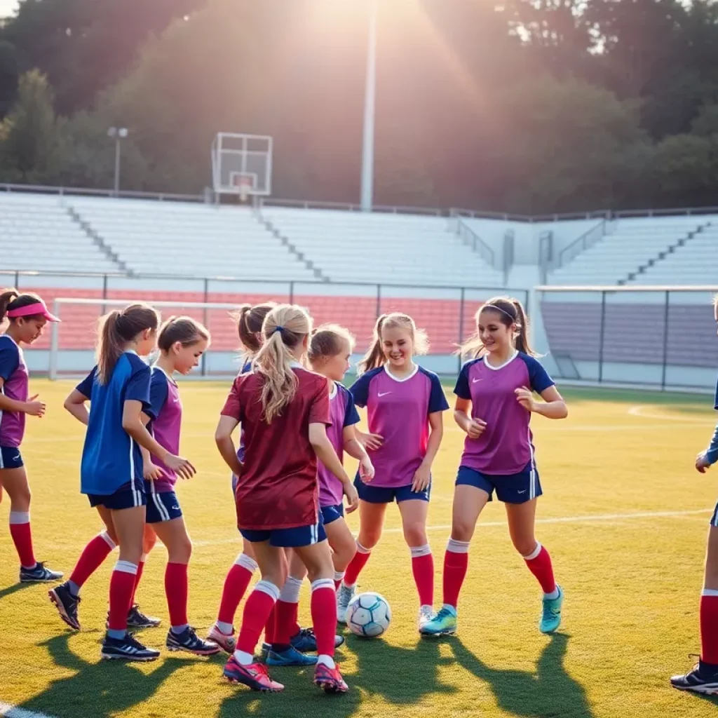 Girls soccer team practicing on the field together