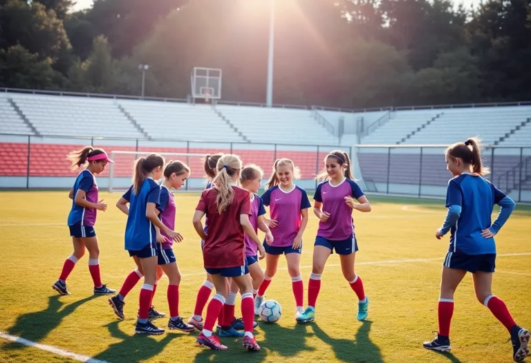 Girls soccer team practicing on the field together