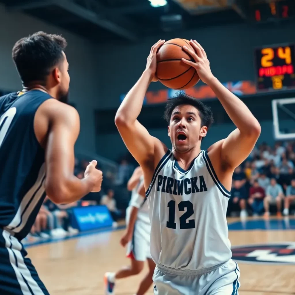 Intense basketball game scene with players engaged in action