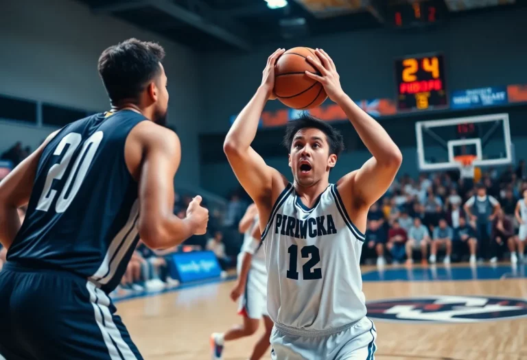 Intense basketball game scene with players engaged in action
