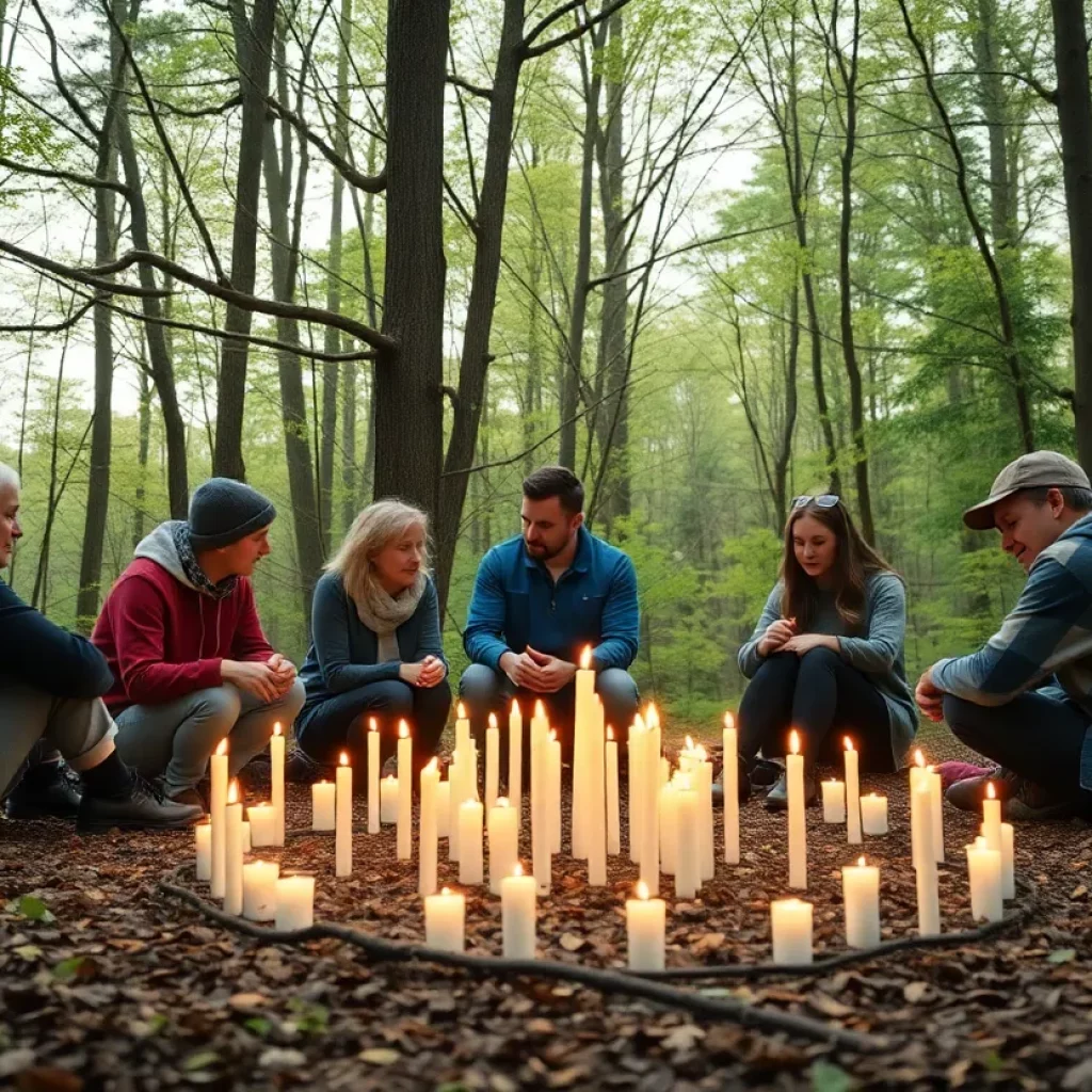 Community members gather in a woodland area to remember a fallen star.