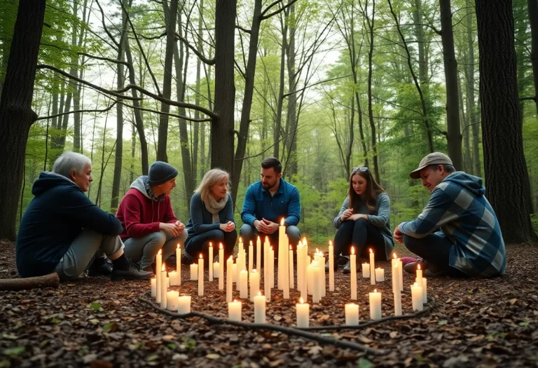 Community members gather in a woodland area to remember a fallen star.