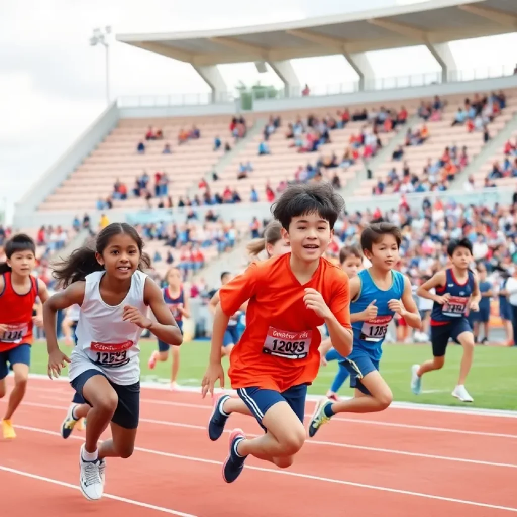 Young athletes from Wyoming competing in track and field events at an outdoor stadium.