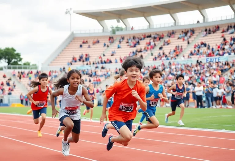 Young athletes from Wyoming competing in track and field events at an outdoor stadium.