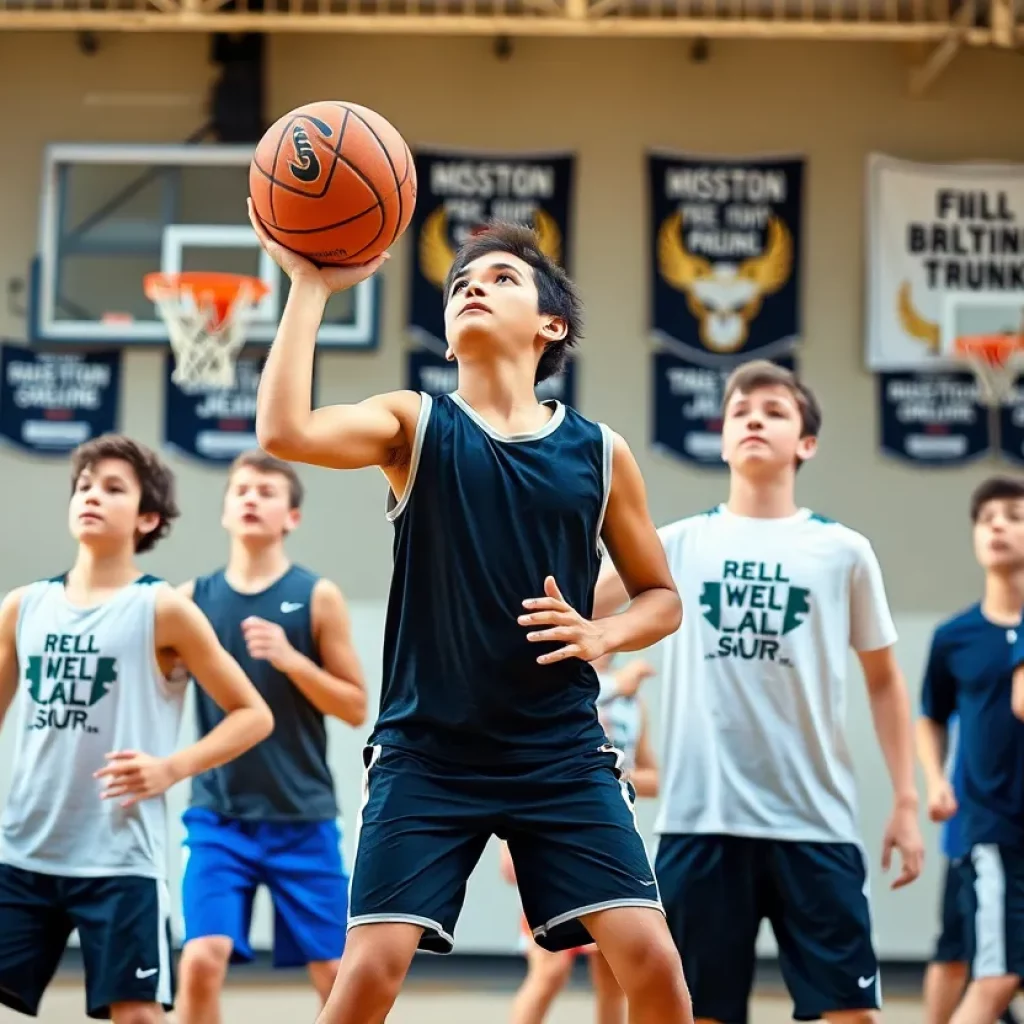 Basketball players practicing in a gym