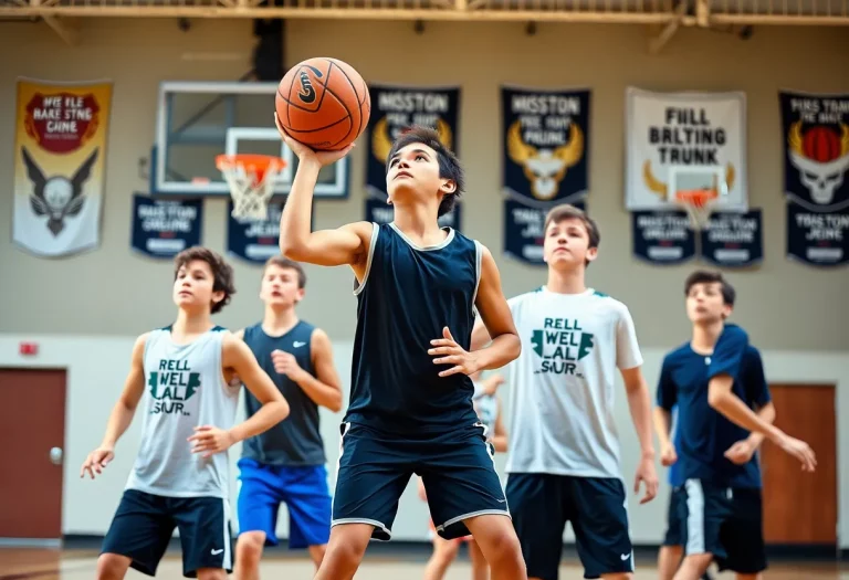 Basketball players practicing in a gym