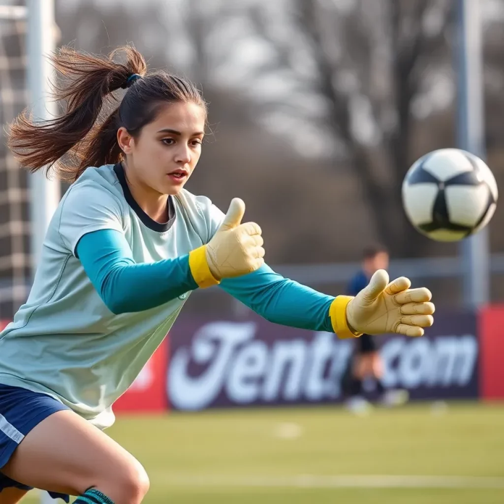 Young goalkeeper making a save during a soccer match