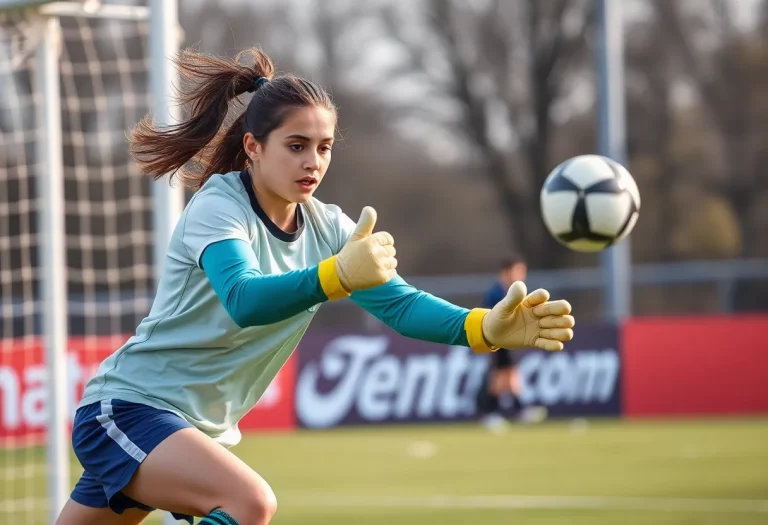 Young goalkeeper making a save during a soccer match