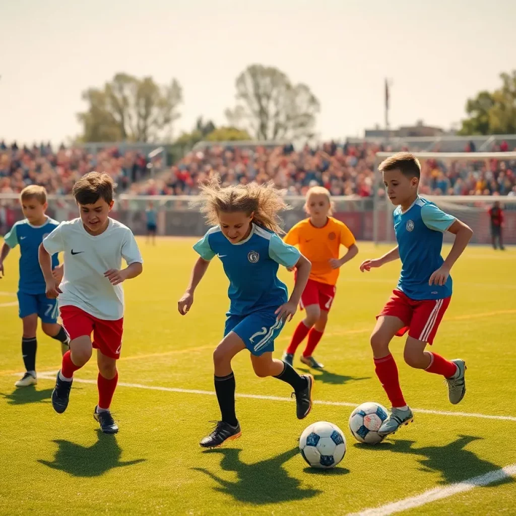 A group of young athletes playing soccer on a sunny field.