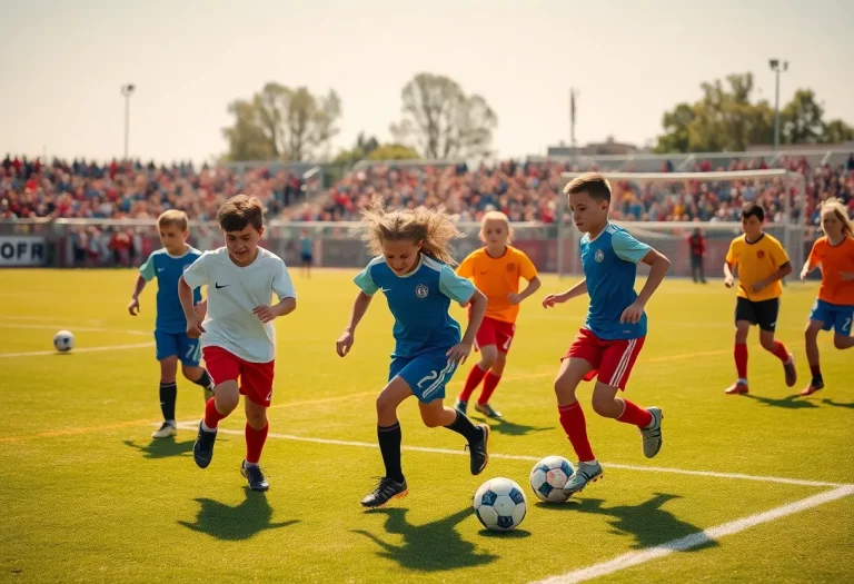 A group of young athletes playing soccer on a sunny field.