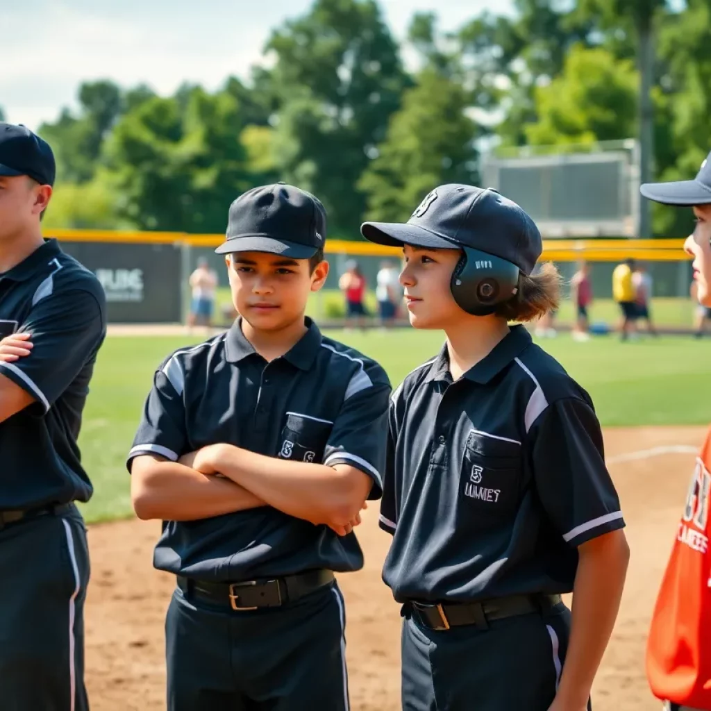 Youth umpires officiating a high school baseball game