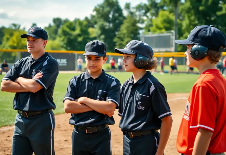 Youth umpires officiating a high school baseball game