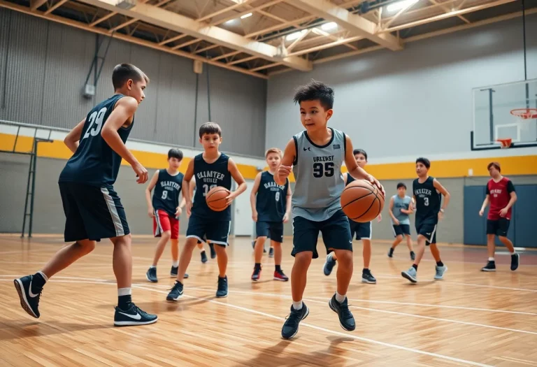 Young athletes training in basketball practice