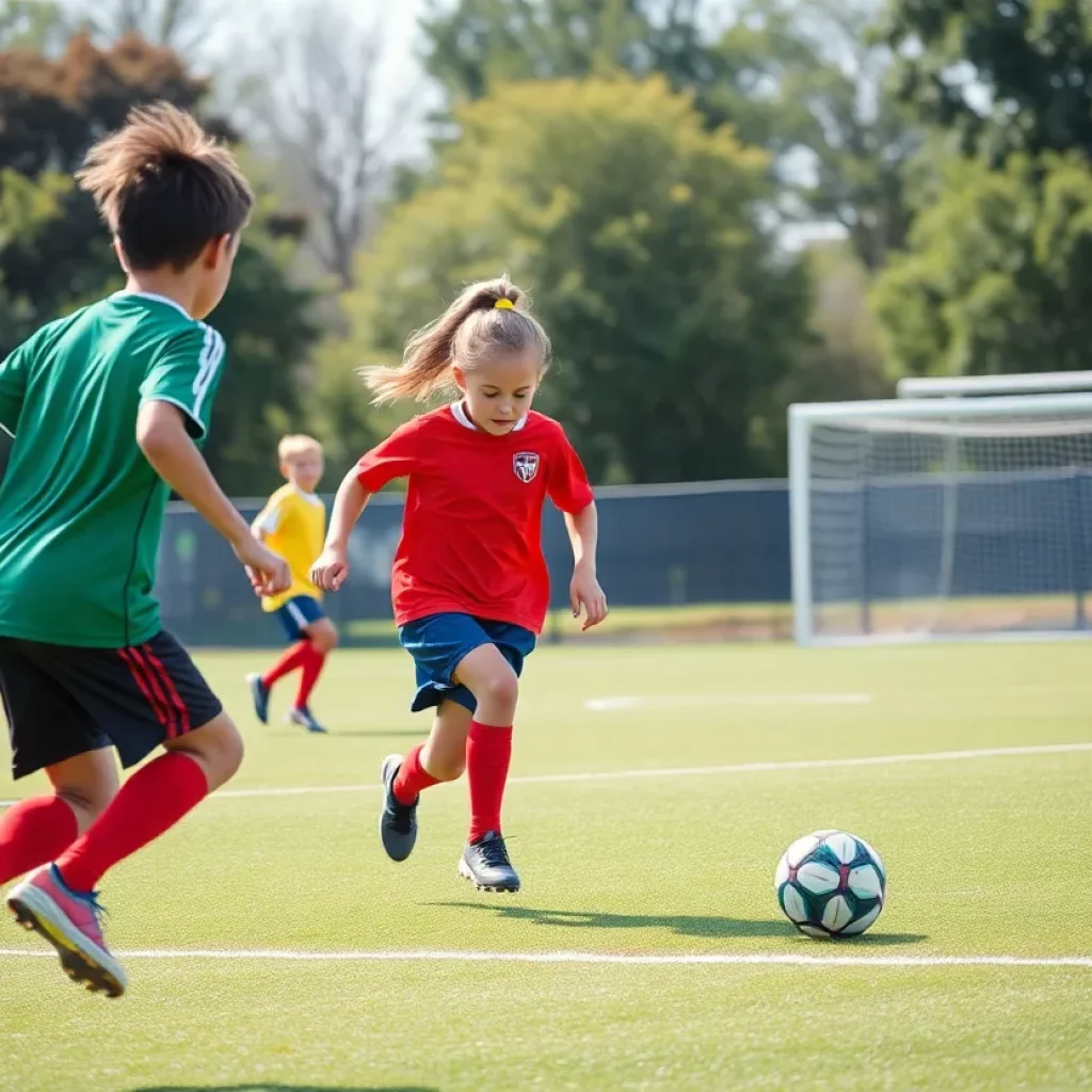 Young athletes playing soccer with a football field in the background