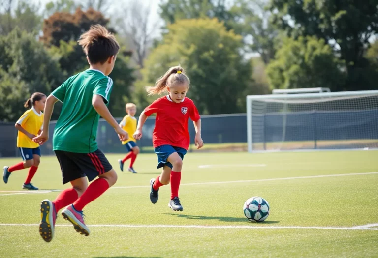 Young athletes playing soccer with a football field in the background