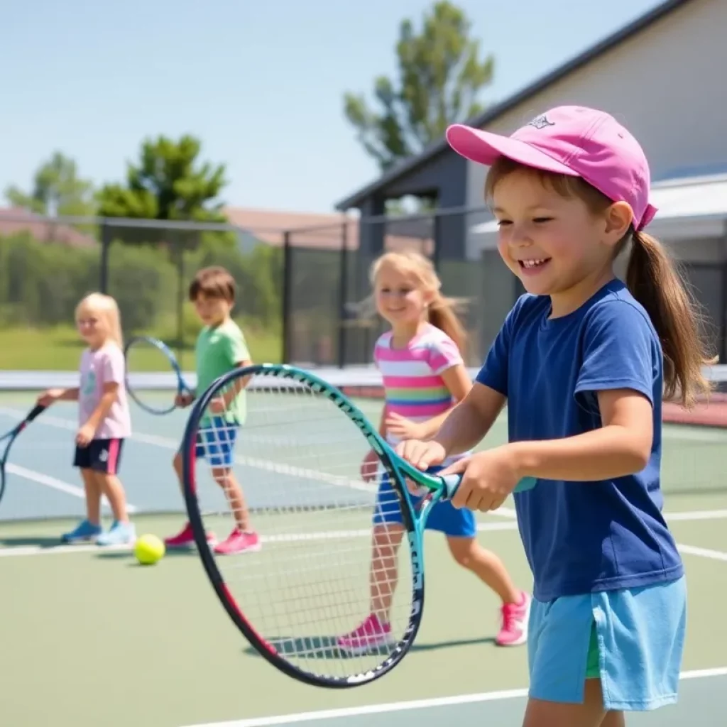 Children participating in a youth tennis clinic at Stansbury High School