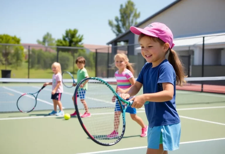 Children participating in a youth tennis clinic at Stansbury High School