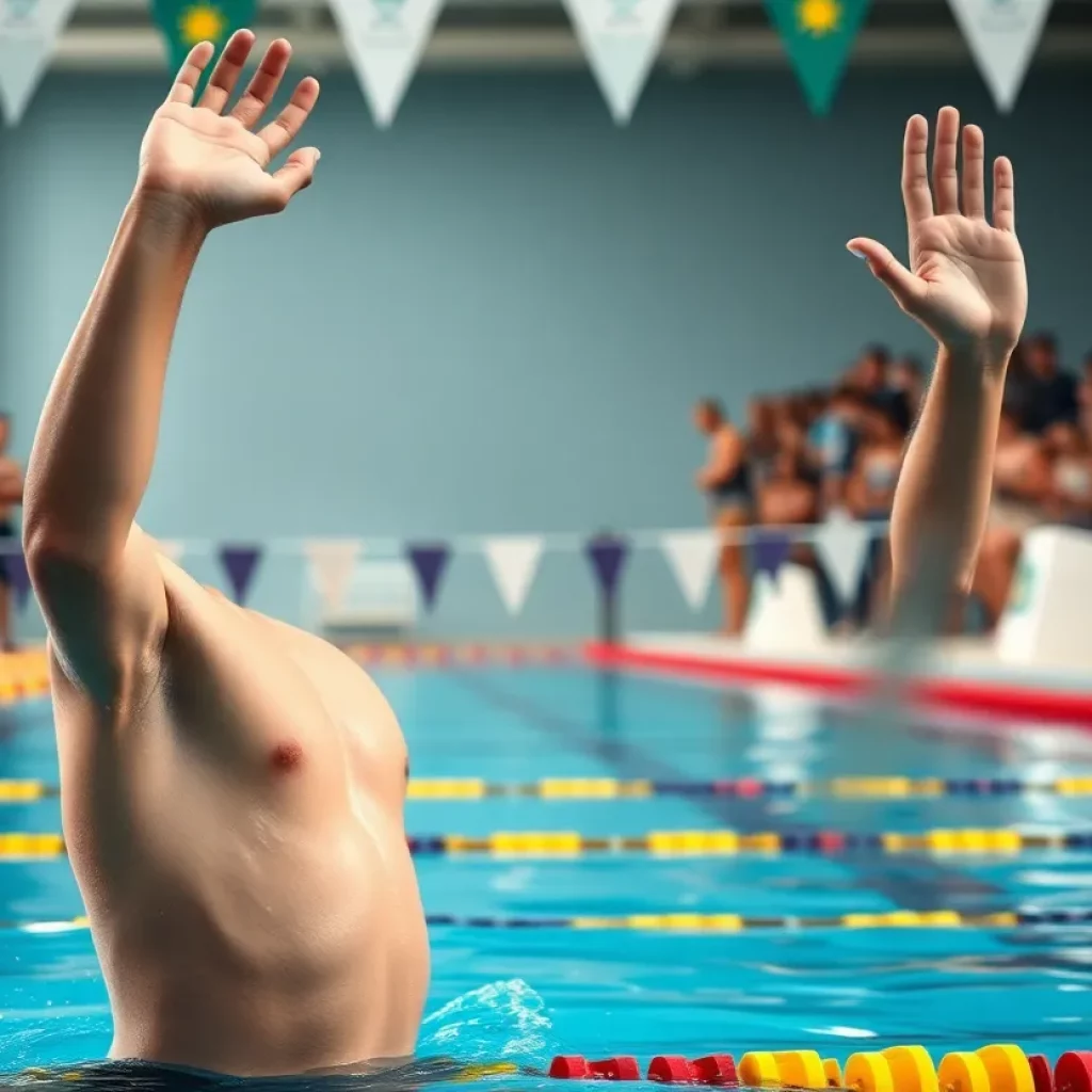 Young swimmer cheering with excitement after winning a race
