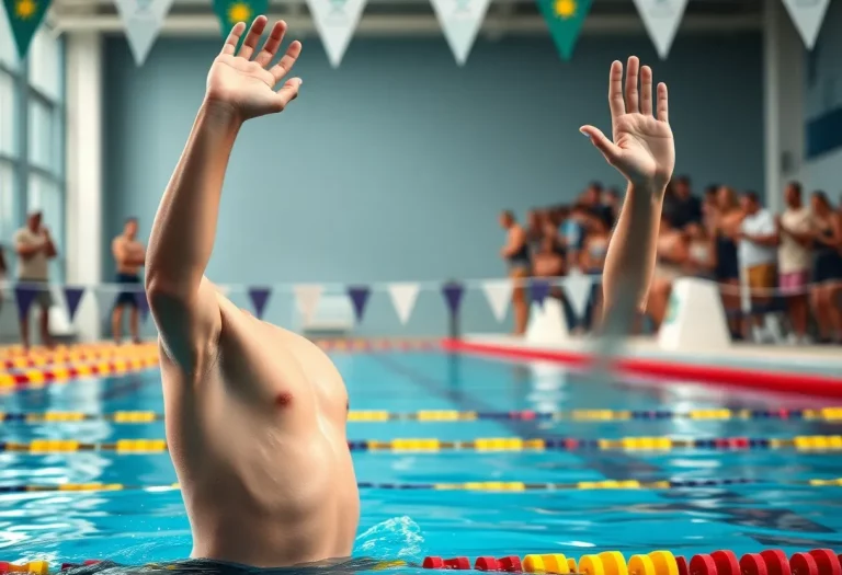 Young swimmer cheering with excitement after winning a race