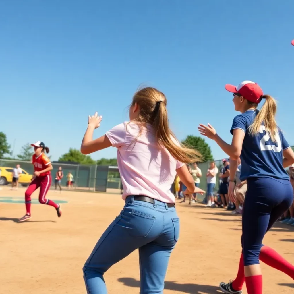 High school softball players competing during a game