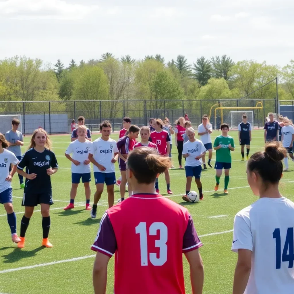 Students practicing soccer on a vibrant field in North Carolina