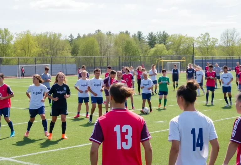 Students practicing soccer on a vibrant field in North Carolina