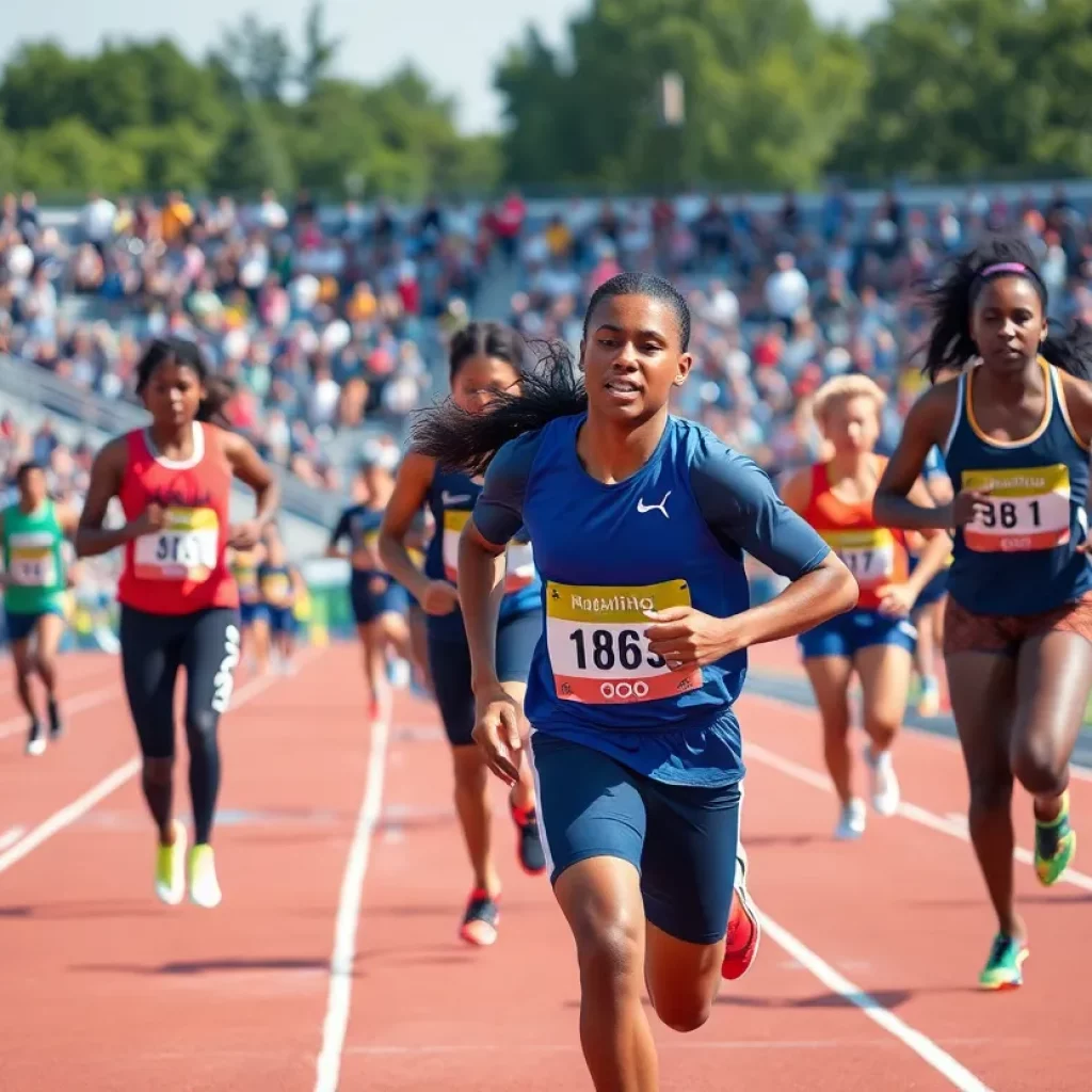 Dynamic scene of athletes competing in various track and field events