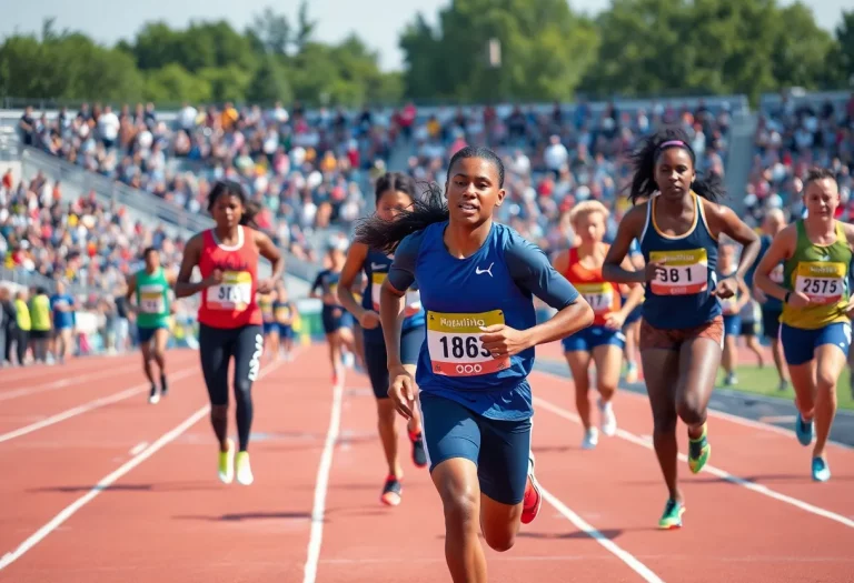 Dynamic scene of athletes competing in various track and field events