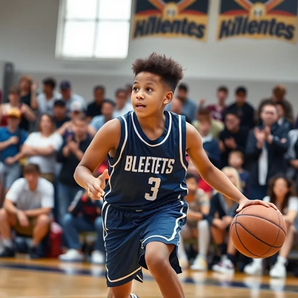 Young basketball player on the court with fans cheering in the background.