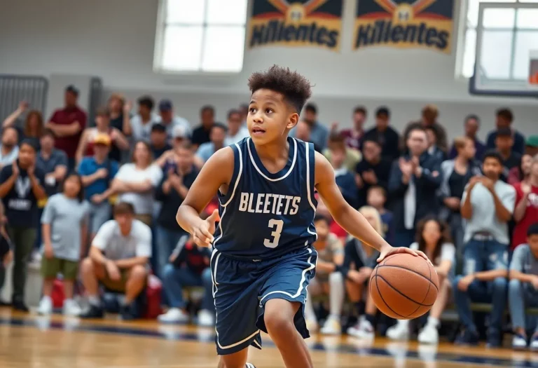 Young basketball player on the court with fans cheering in the background.