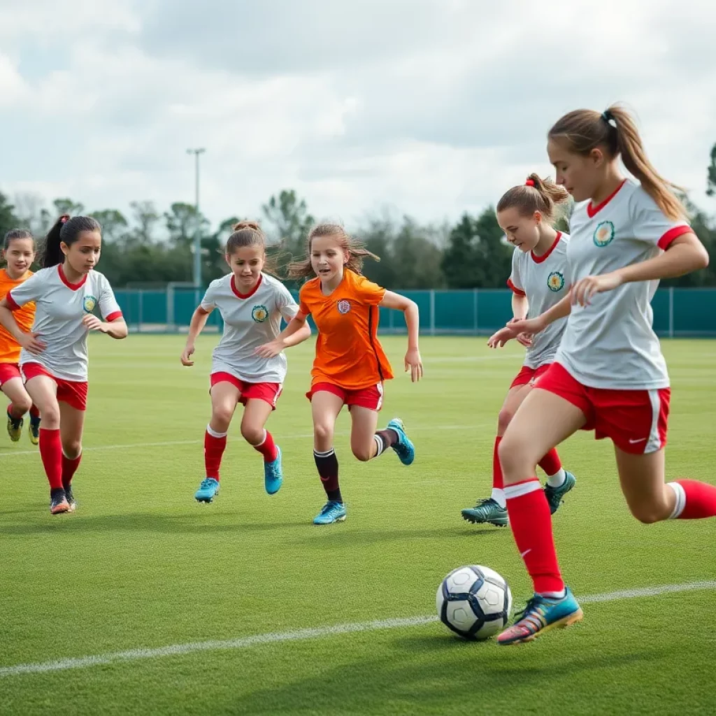 Young female soccer players practicing on the field