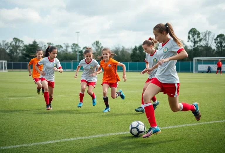 Young female soccer players practicing on the field