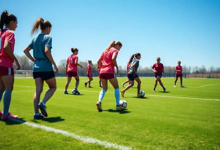 Girls soccer team practicing on field