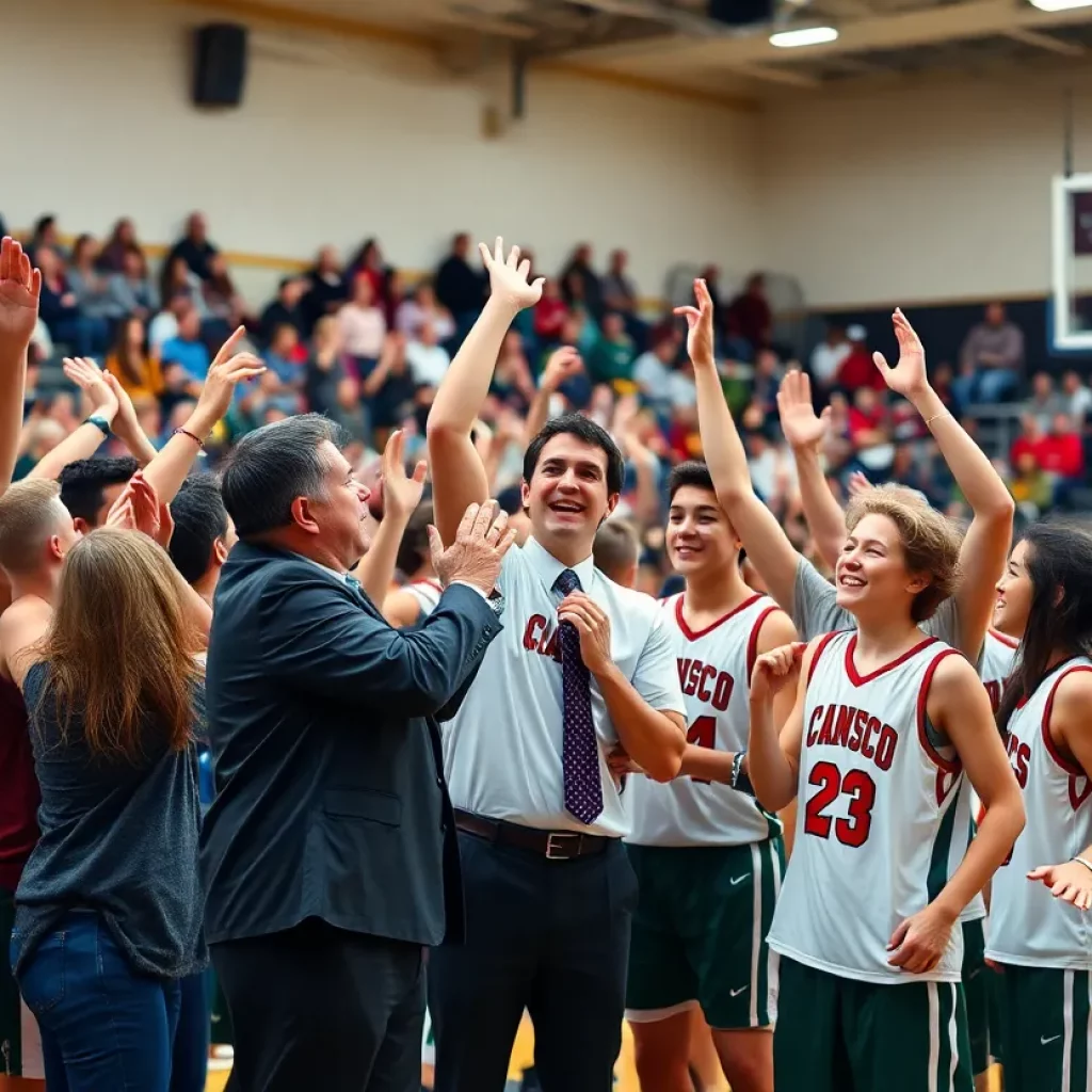 Cheering crowd and basketball team celebrating a victory.