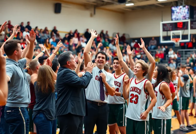Cheering crowd and basketball team celebrating a victory.