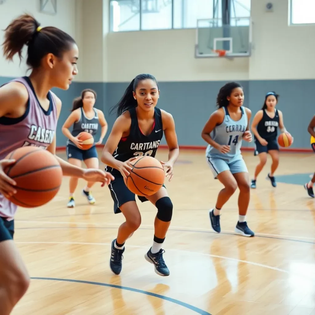 Girls basketball team practicing on the court at Alton High School