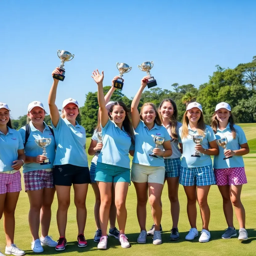 Celebration of the Andrews girls golf team with trophies.