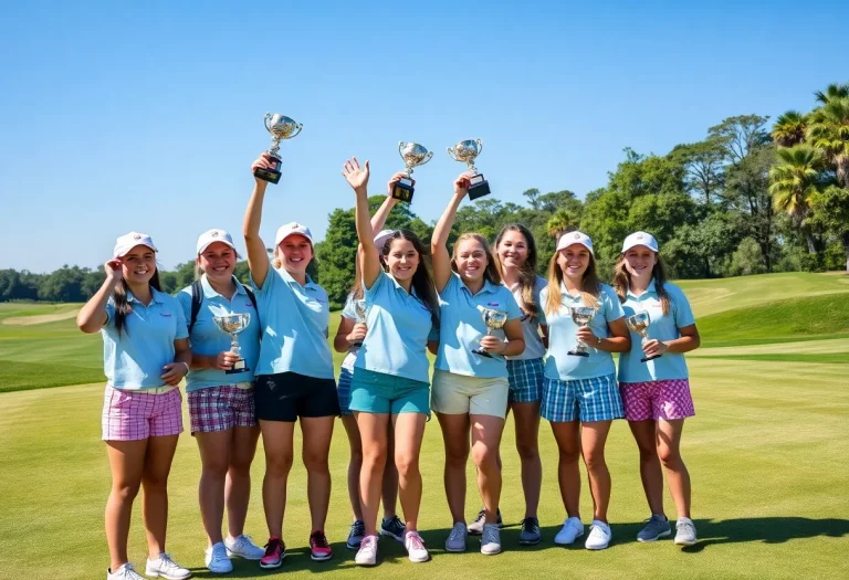 Celebration of the Andrews girls golf team with trophies.