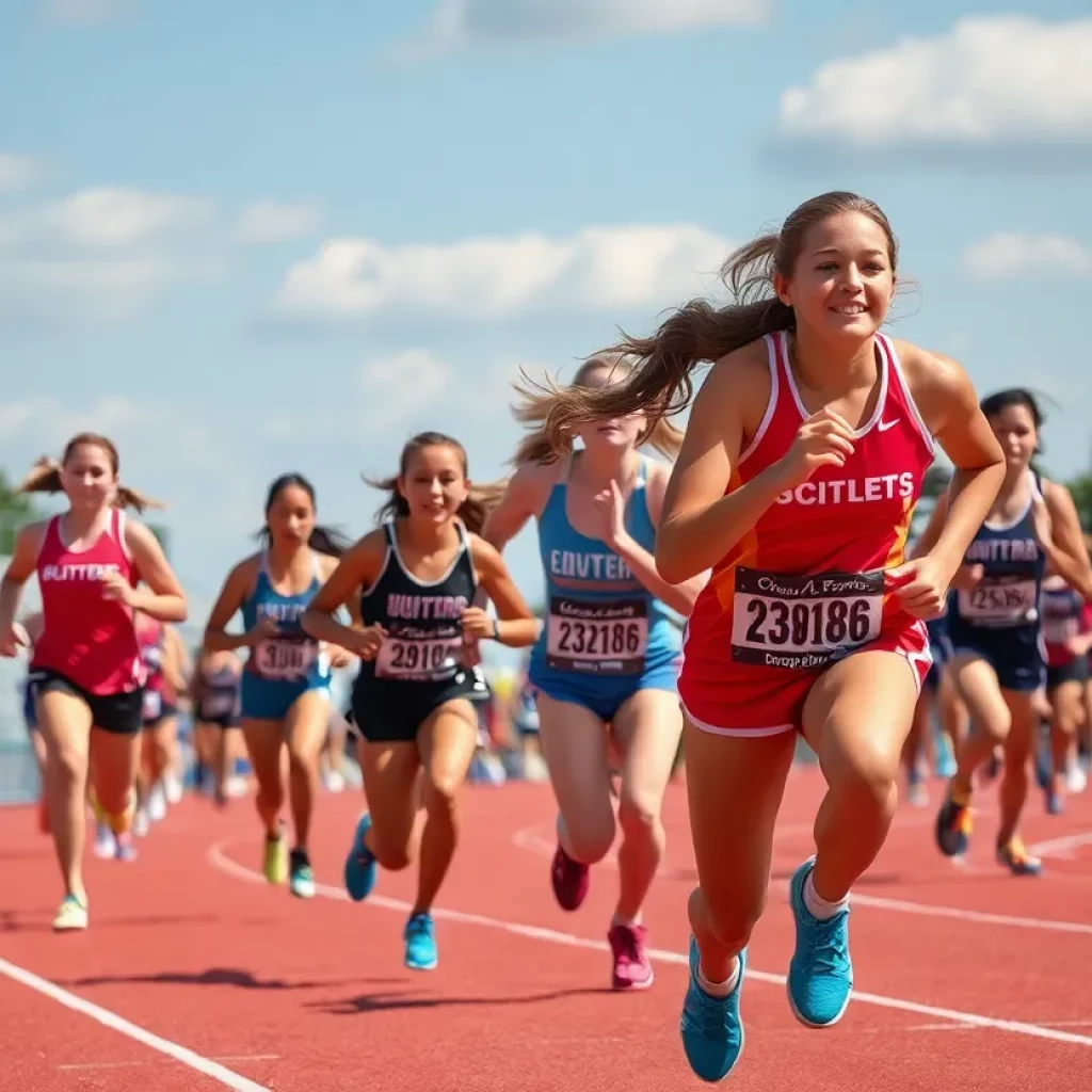High school girls track and field athletes racing on a track