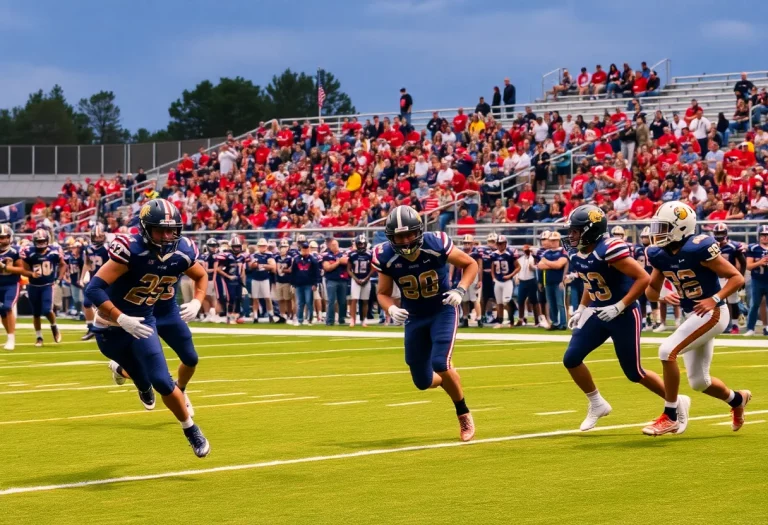 Players competing in an Athens high school football game.